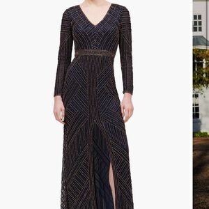 Long Sleeve Navy Beaded V-Neck Evening Dress